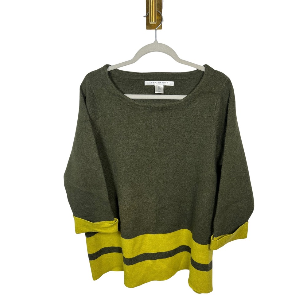 Max Studio Striped Colorblock Knit Sweater Olive Yellow Boat Neck Cuffed Mod 1X